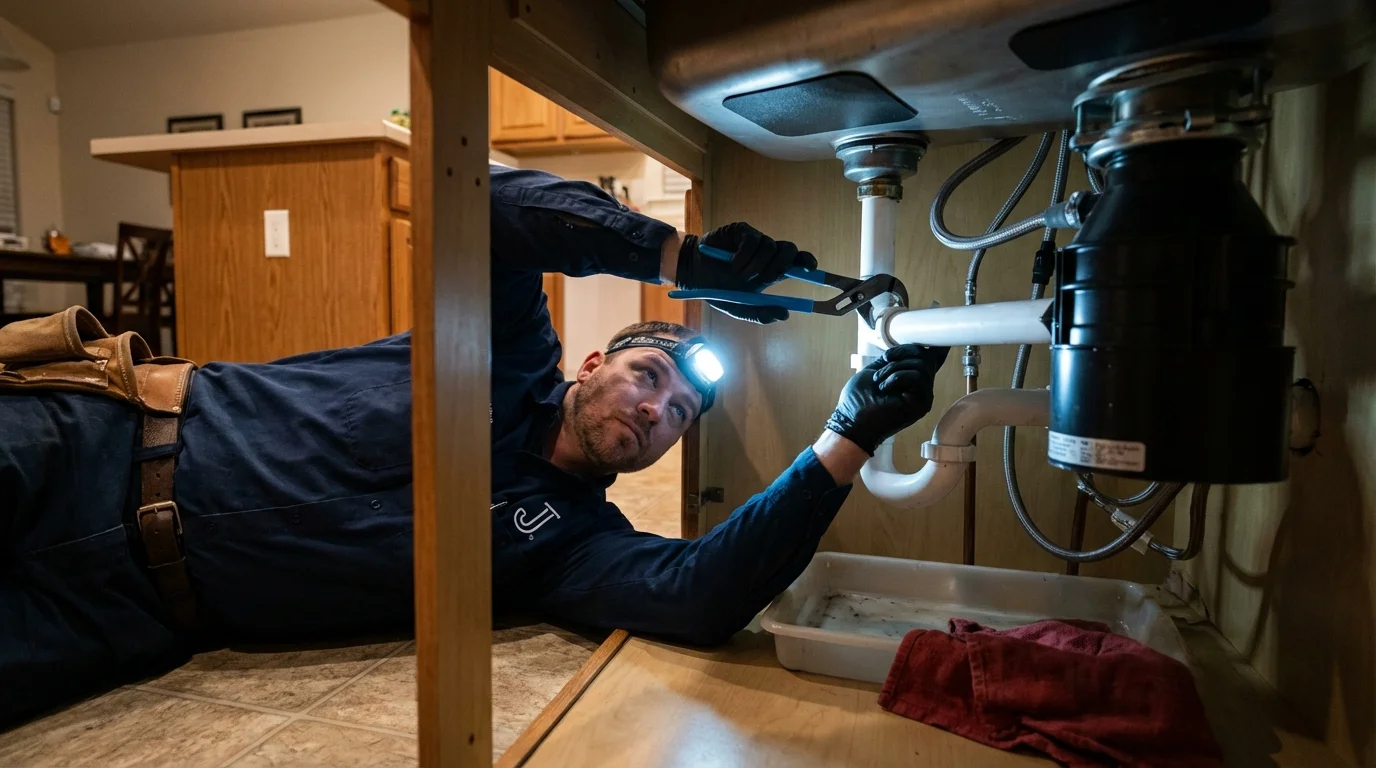 P-trap and supply line connections under a kitchen sink showing a common leak point in Ashland, PA